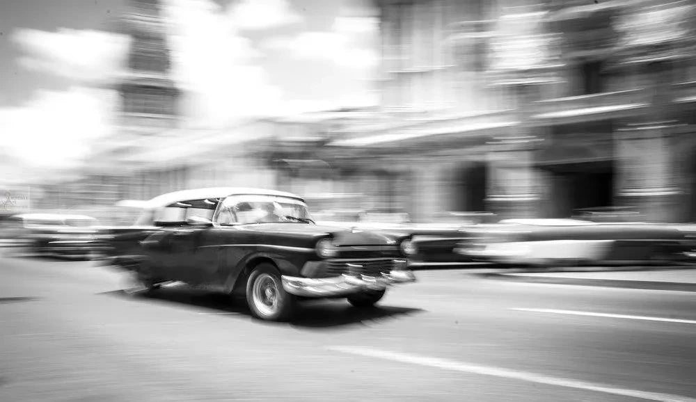 Classic car in motion